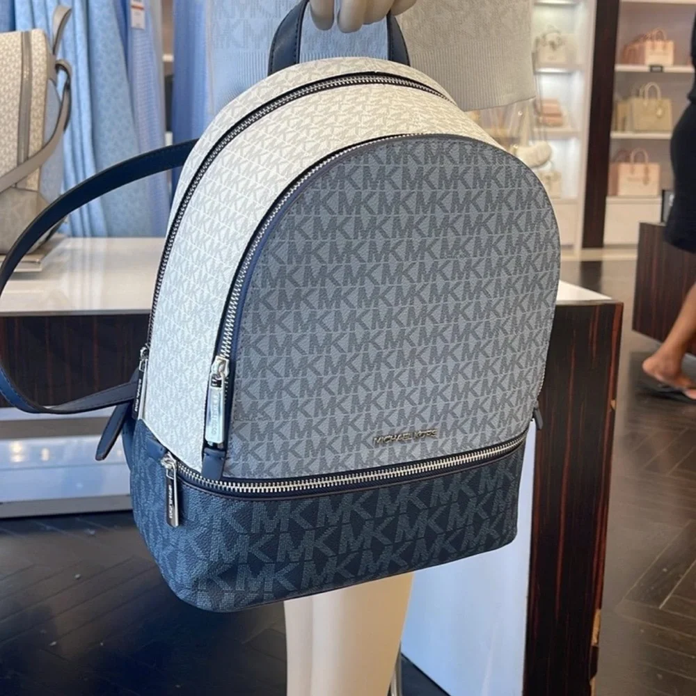 MICHAEL KORS Rhea Md Zip Color-Block Signature Logo Backpack ADMIRL MULTI NWT